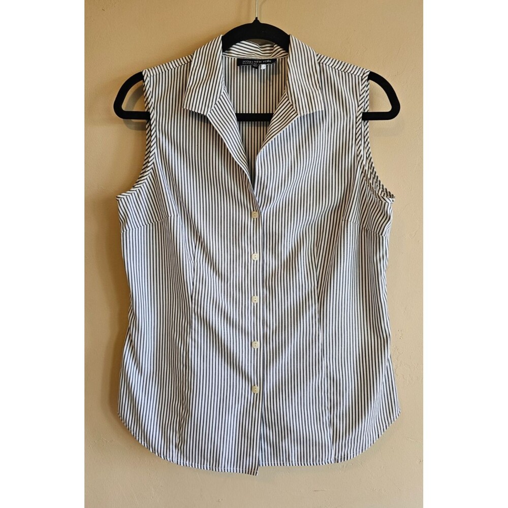 Jones New York Women's blue White Striped Button front Sleeveless Blouse-Med